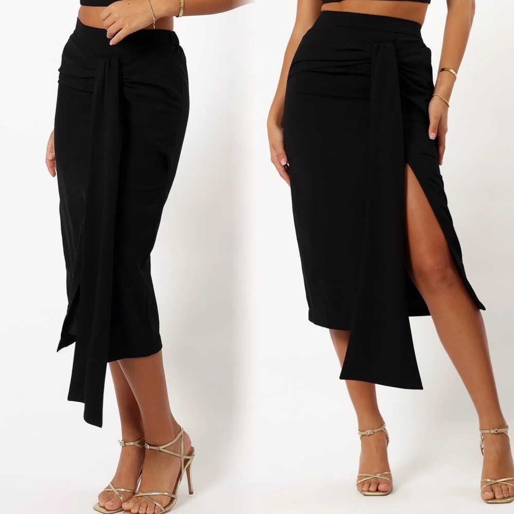 SNDYS Zanits Black Wrap Midi Skirt XS Minimalist Asymmetrical Evening Skirt